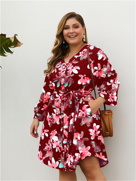 women floral dresses fashion v neck long sleeve asymmetrical plus size dresses with sashes womens button loose dress, Black;gray